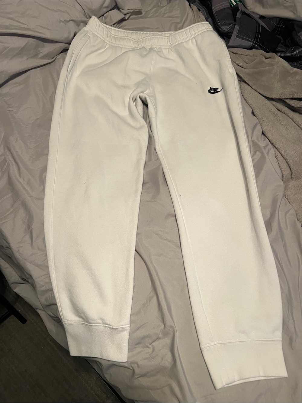 Men's Nike White Fleece Joggers with Black Swoosh
